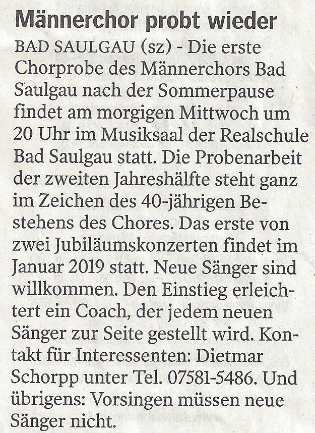Bericht Schwäbische Zeitung 04.09.2018