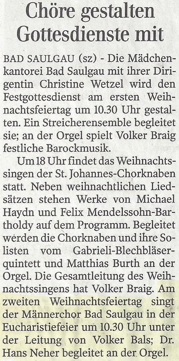 Bericht Schwäbische Zeitung 24.12.2018
